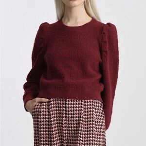 lili sidonio molly bracken puff sleeve sweater dark red round neck Sz S NEW
